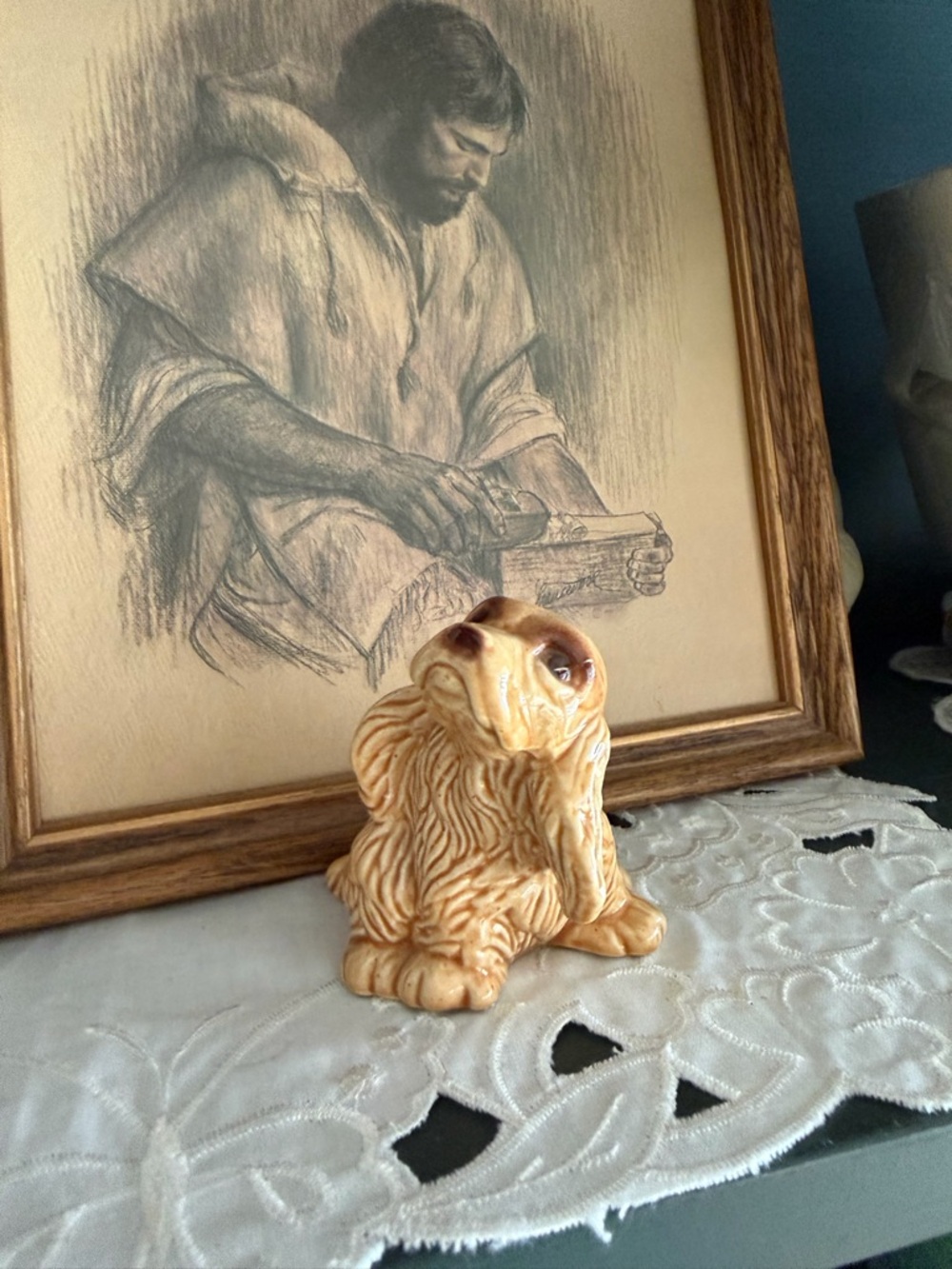 Vintage Ceramic Sitting Spaniel Figurine - Cream and Brown